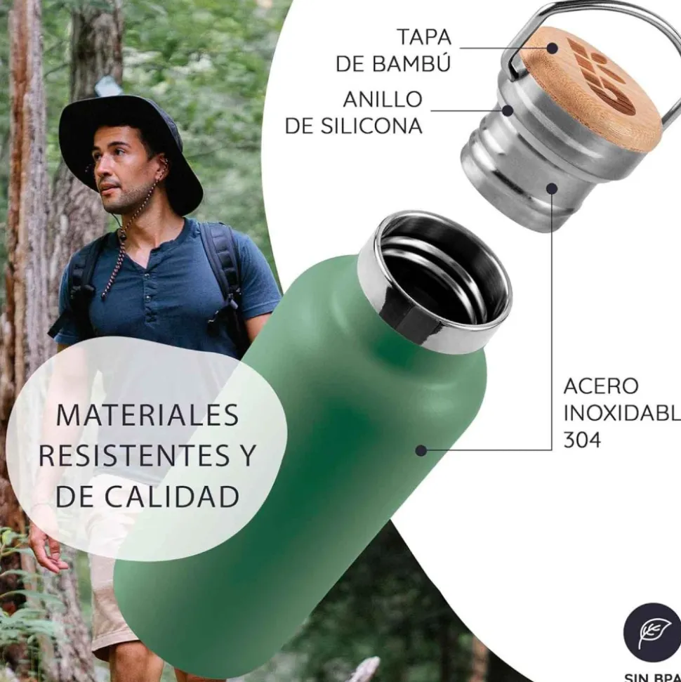 Botella térmica de acero inoxidable, 750 ml, verde - Bambaw