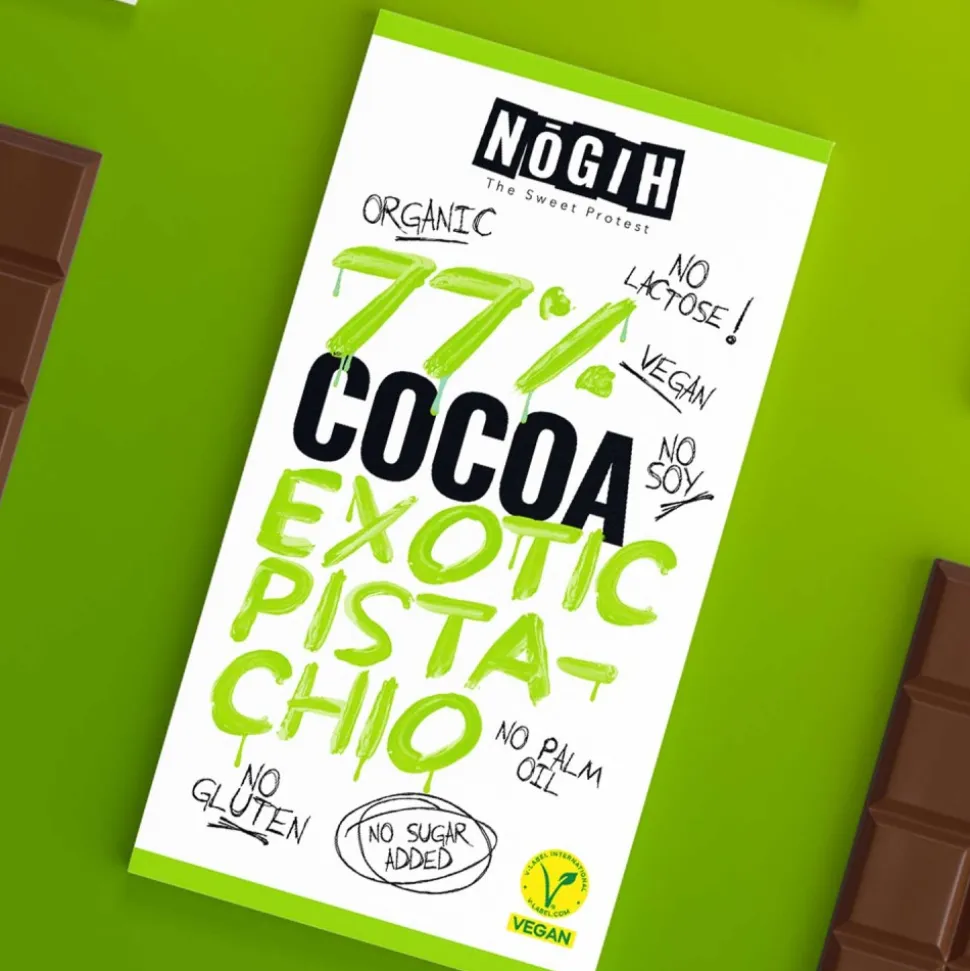 Chocolate ecológico 77% cacao con pistachos - Nogih