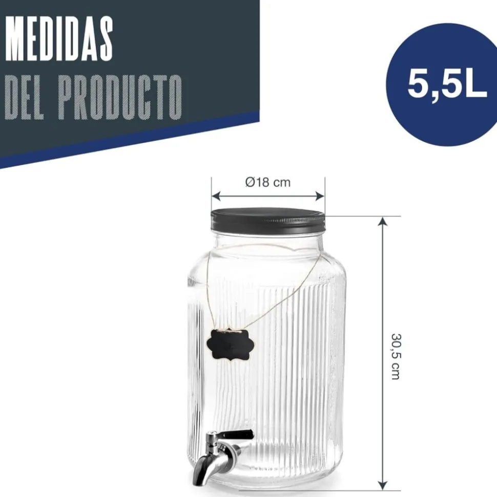Dispensador de bebidas de cristal con grifo de acero inoxidable, 5,5l - Lacor