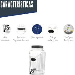 Dispensador de bebidas de cristal con grifo de acero inoxidable, 5,5l - Lacor