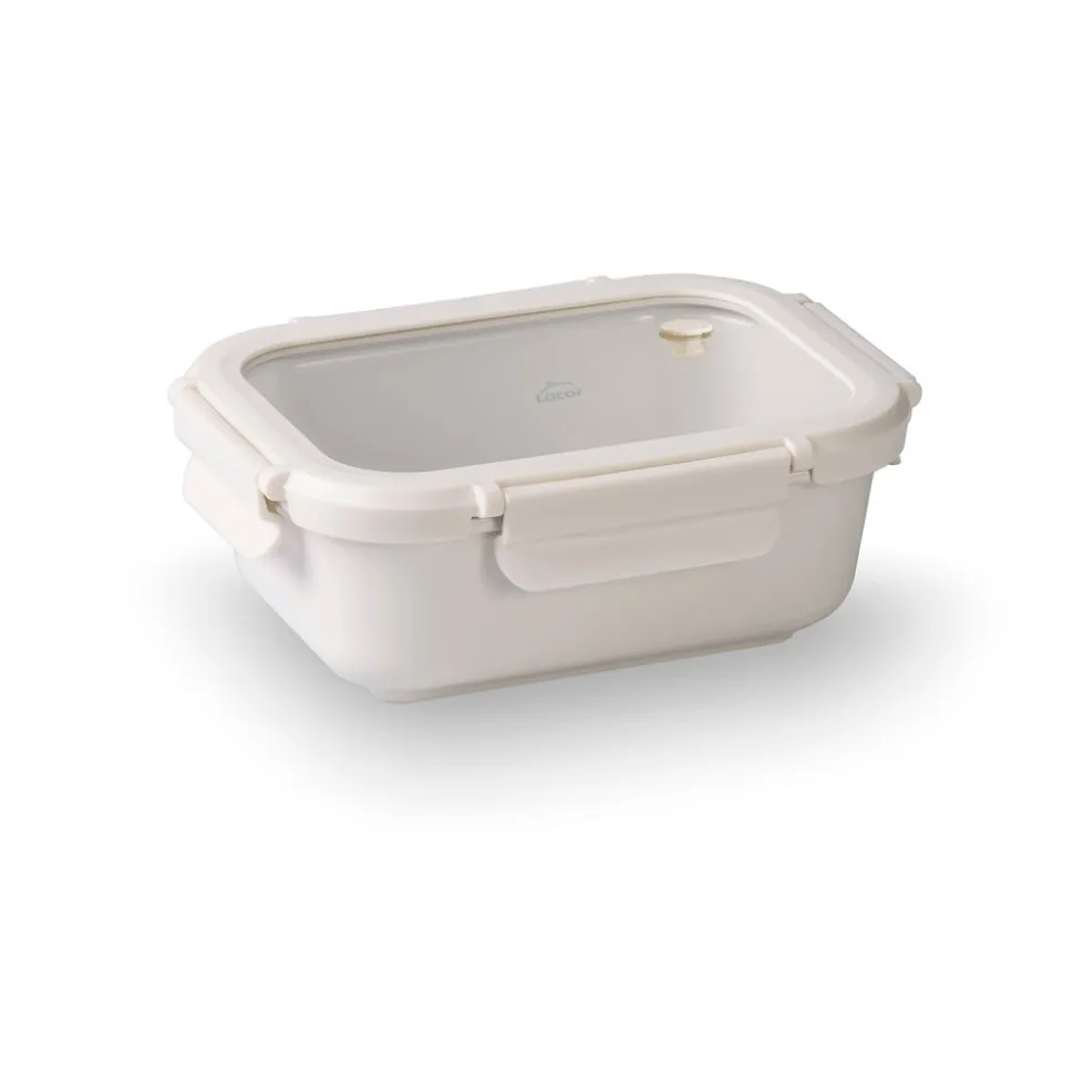Fiambrera hermética de cerámica rectangular con tapa de cristal, 650 ml, blanca - Lacor