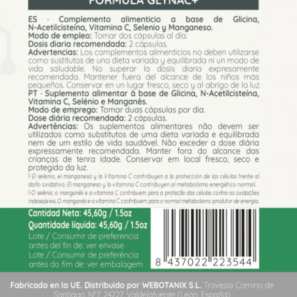 Glynac+, Glicina y N-acetilcisteína, 60 cápsulas - Webotanix