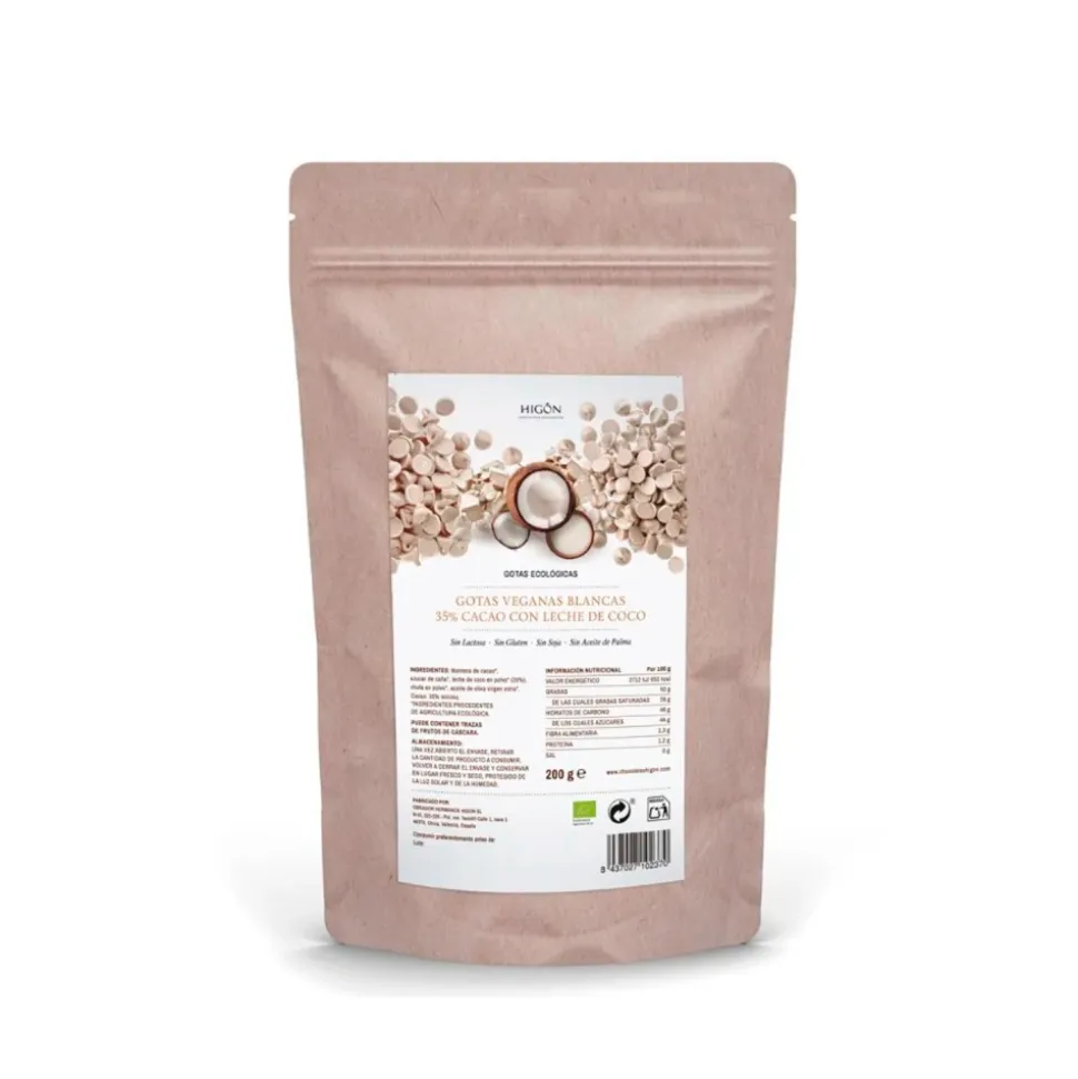 Gotas de chocolate blanco ecológicas, 35% - Higón