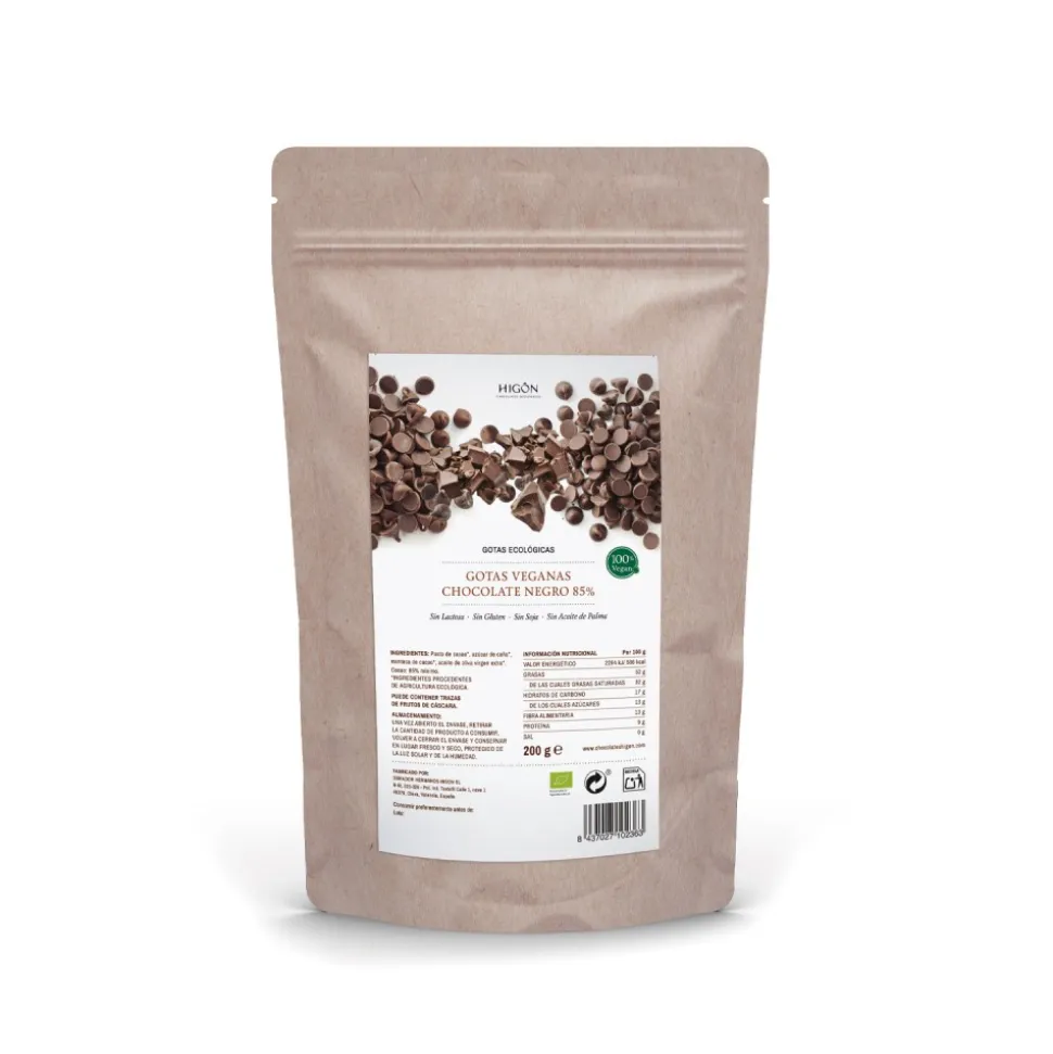 Gotas de chocolate negro ecológicas, 85% - Higón
