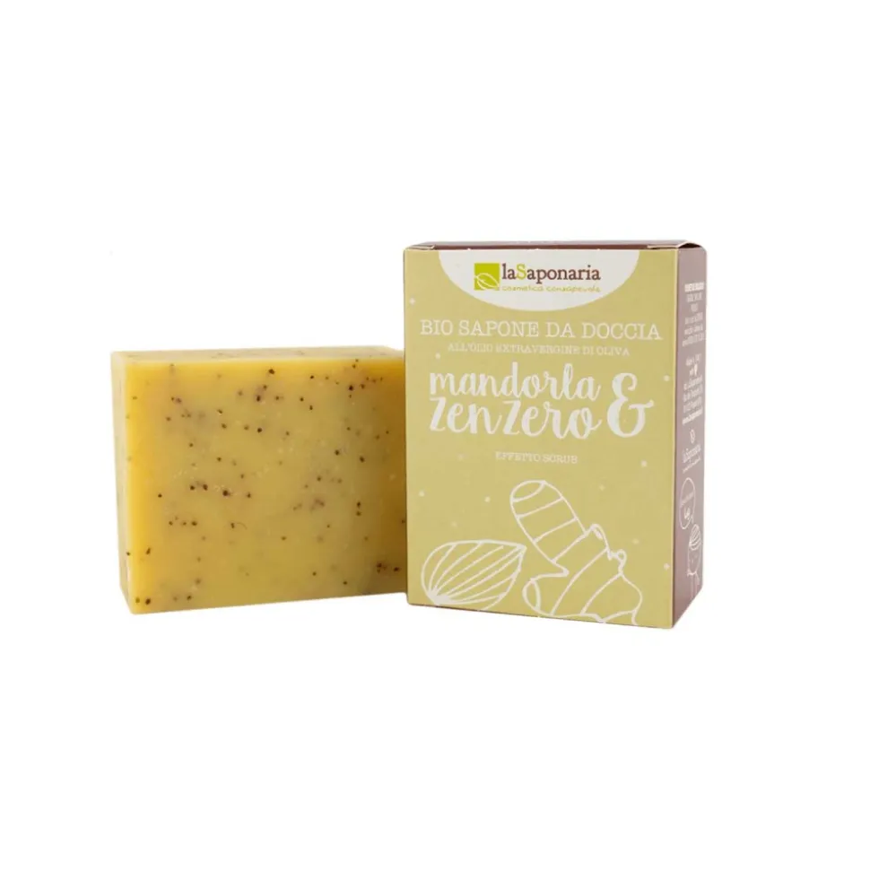 Jabón sólido exfoliante de oliva, cáscara de almendras y jengibre, ecológico - La Saponaria