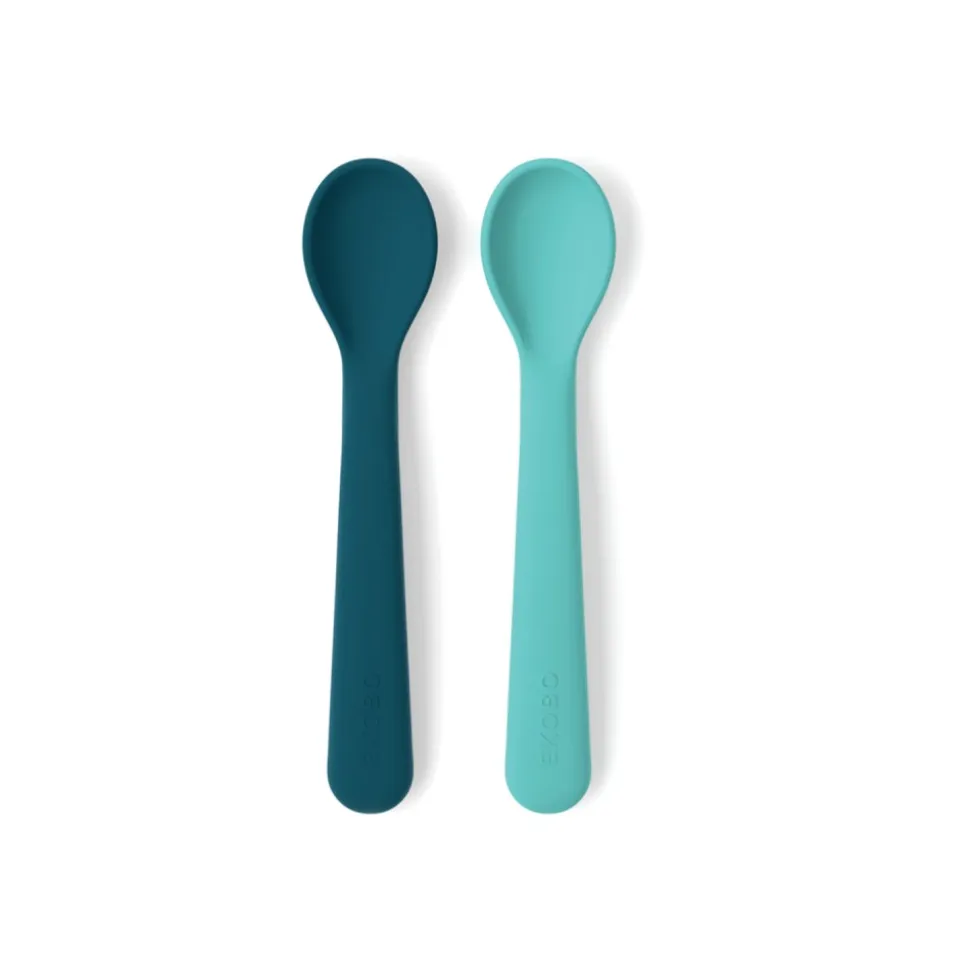 Juego de 2 cucharas para bebés de silicona, color azul y turquesa - Ekobo