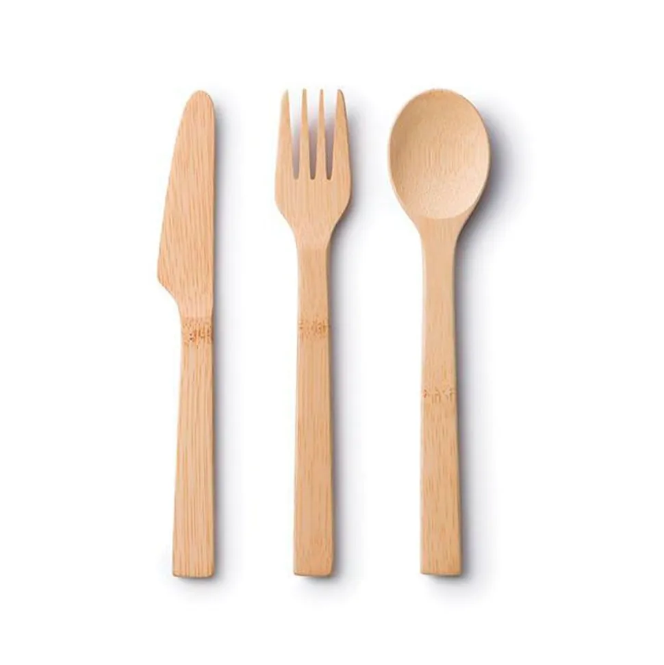 Juego de cuchara, tenedor y cuchillo de bambú con funda