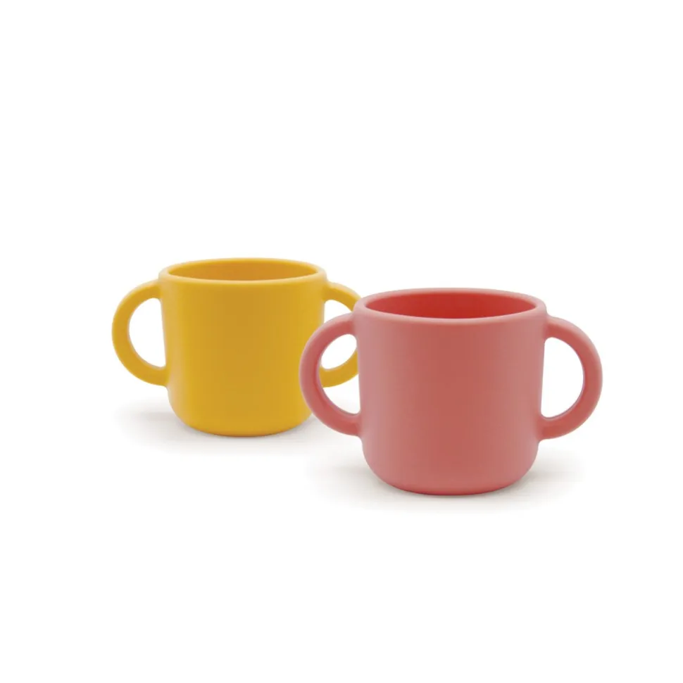 Juego de 2 vasos para bebés de silicona, coral y amarillo - Ekobo