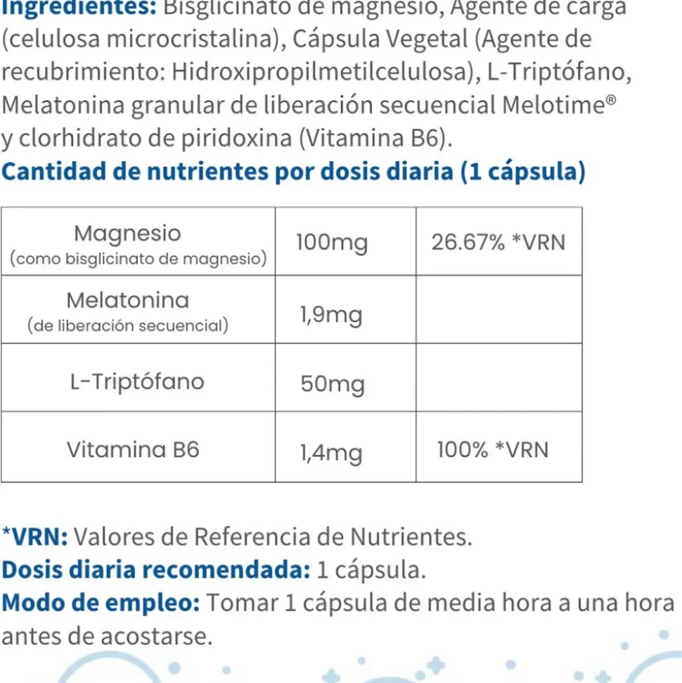 Melatonina liberación prolongada Melotime® + magnesio + triptófano + B6, 90 cápsulas - OFM
