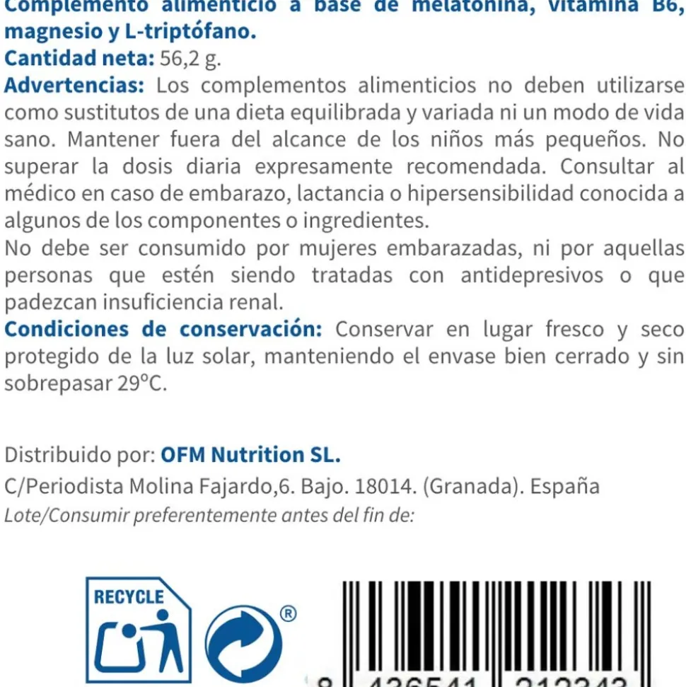 Melatonina liberación prolongada Melotime® + magnesio + triptófano + B6, 90 cápsulas - OFM