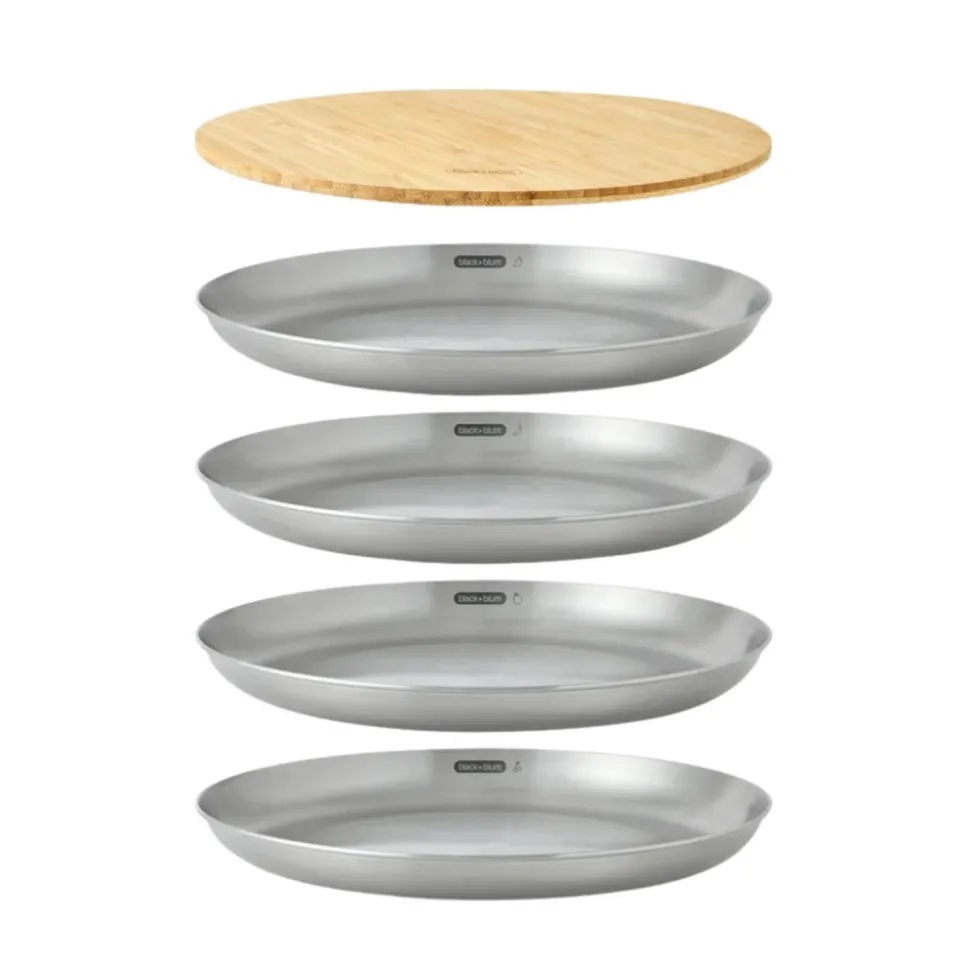Pack 4 platos llanos de acero inoxidable con tapa de bambú - Black & Blum