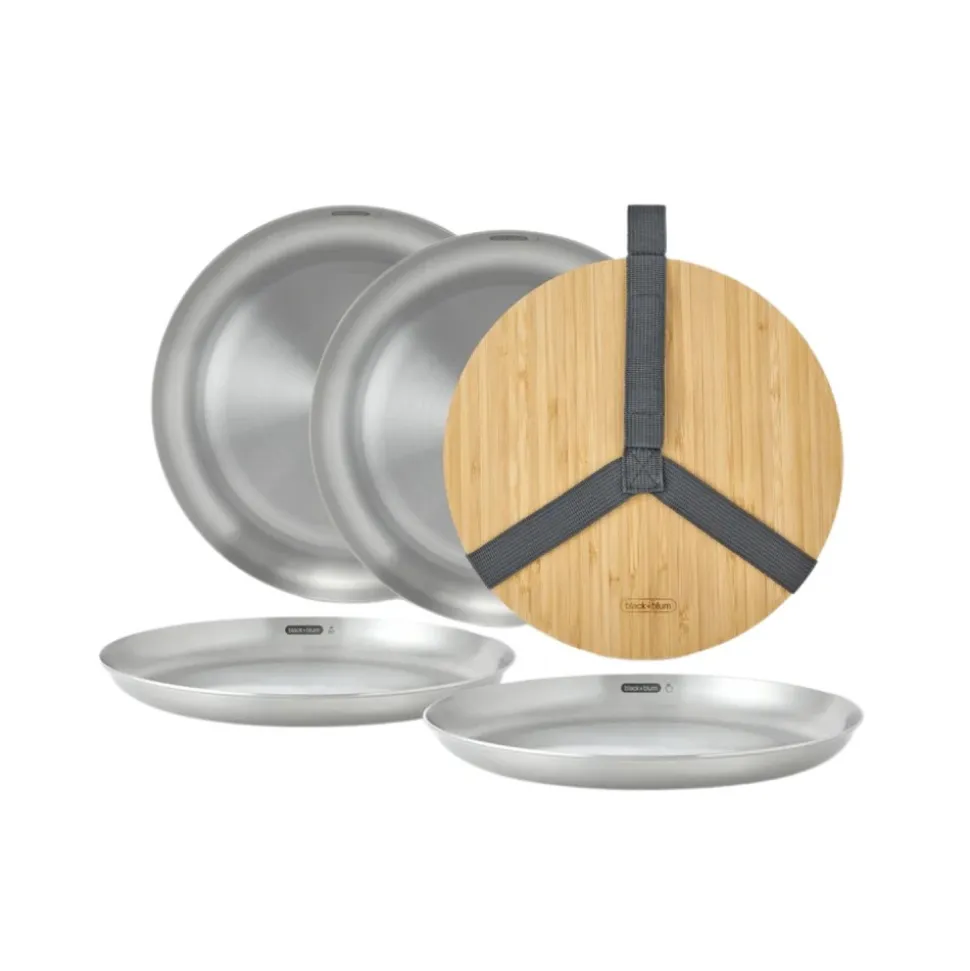Pack 4 platos llanos de acero inoxidable con tapa de bambú - Black & Blum