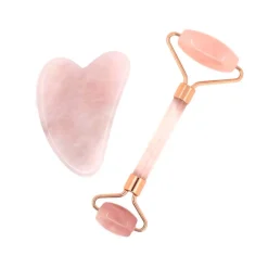 Pack rodillo masajeador facial+Gua Sha de cuarzo rosa - Zen Arome