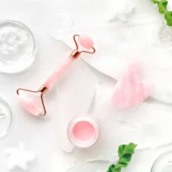 Pack rodillo masajeador facial+Gua Sha de cuarzo rosa - Zen Arome