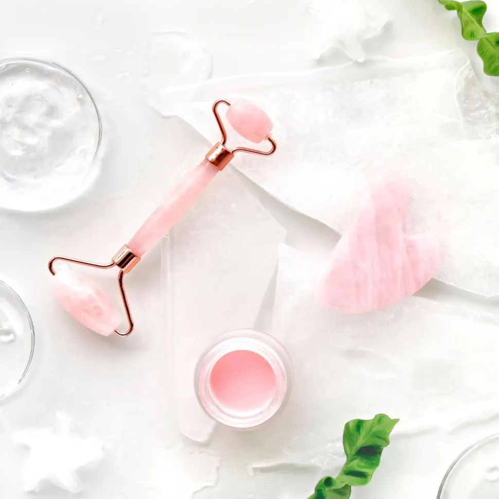 Pack rodillo masajeador facial+Gua Sha de cuarzo rosa - Zen Arome