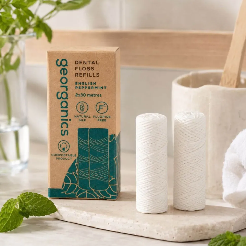 2 Recambios de hilo dental de seda natural, sabor menta, 30 m - Georganics