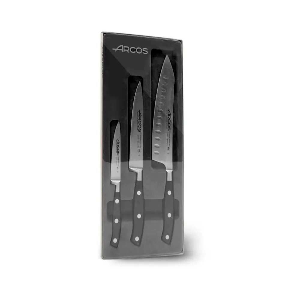 Set de 3 cuchillos lisos de acero inoxidable al nitrógeno, serie Riviera, 10, 14 y 20 cm - Arcos
