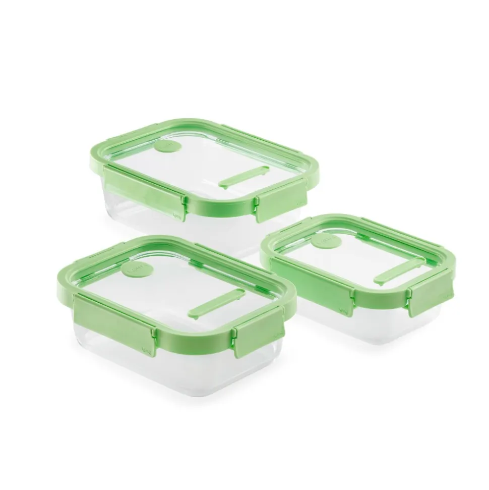 Set de 3 fiambreras de cristal herméticas, rectangulares, con tapa con válvula - Lekue