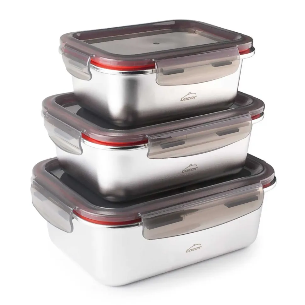 Set de 3 fiambreras herméticas rectangulares de acero inoxidable Ecoinox con tapa - Lacor