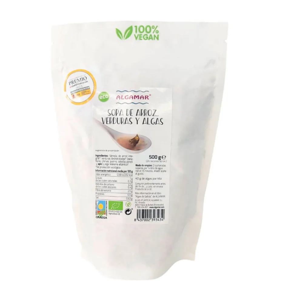 Sopa instántanea de arroz, verduras y alga wakame, ecológica, 500 g - Algamar