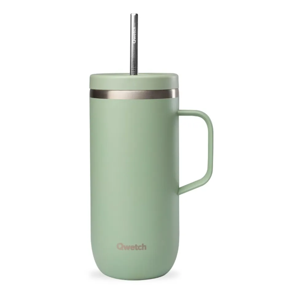 Taza térmica acero inoxidable con pajita, 600 ml, verde - Qwetch