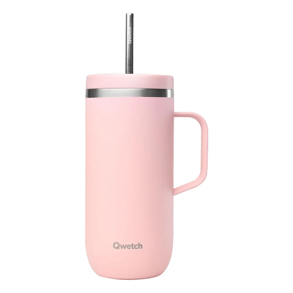 Taza térmica acero inoxidable con pajita, 600 ml, rosa - Qwetch