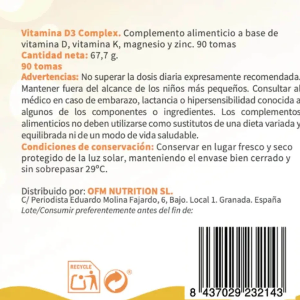 Vitamina D3 complex vegana, 4000 UI + Mg + K2 + Zn, 90 cápsulas - OFM