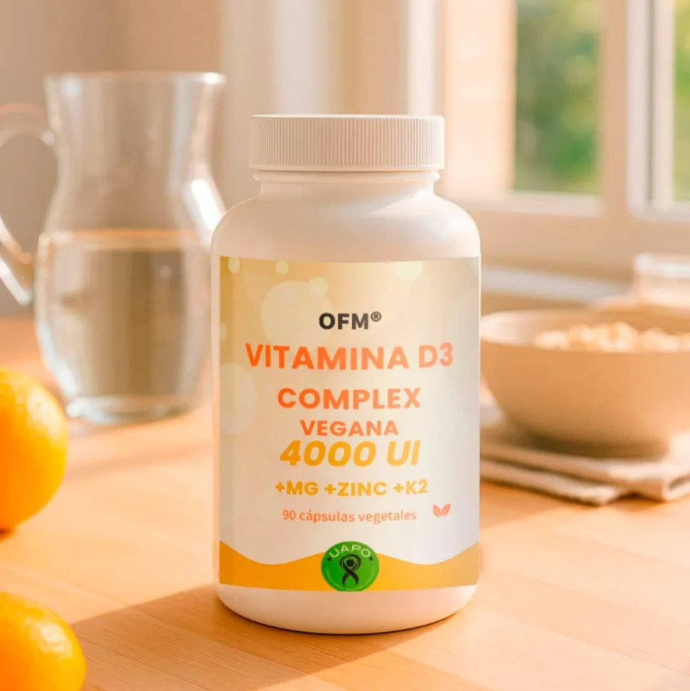 Vitamina D3 complex vegana, 4000 UI + Mg + K2 + Zn, 90 cápsulas - OFM