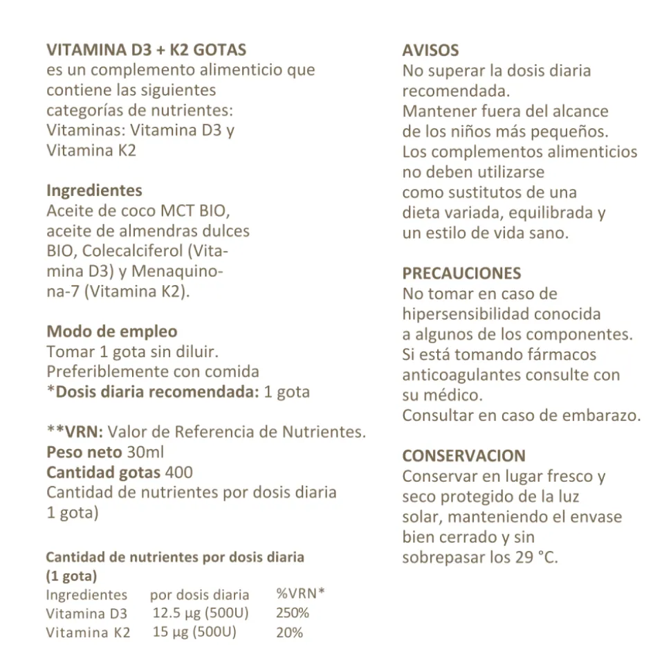 Vitamina D3 + K2, 500UI en gotas, 30 ml - OFM